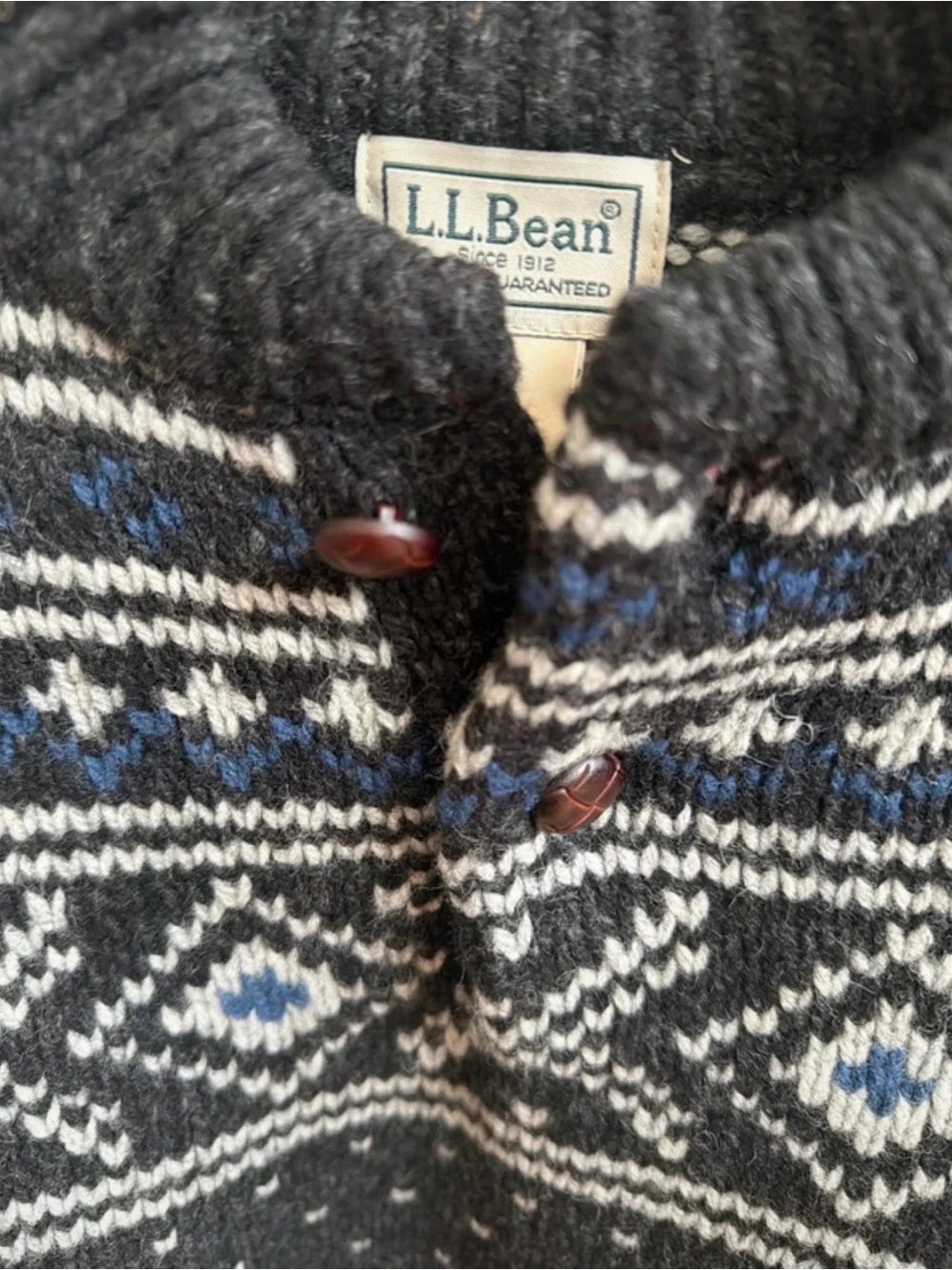 L.L. Bean Men's Dark Gray Fair Isle Crewneck Sweater with Blue Accents - Picture 3 of 3